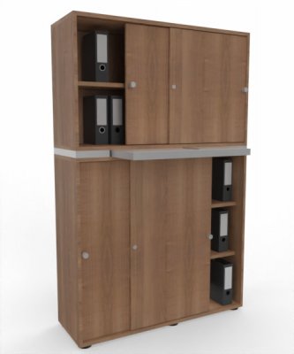 Büroschrank 2teilig mit Auszugsplatte und Schiebetüren Nussbaum