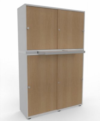 Büroschrank 2teilig mit Auszugsplatte und Schiebetüren Weiß Eiche