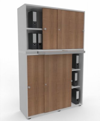 Büroschrank 2teilig mit Auszugsplatte und Schiebetüren Weiß Nussbaum