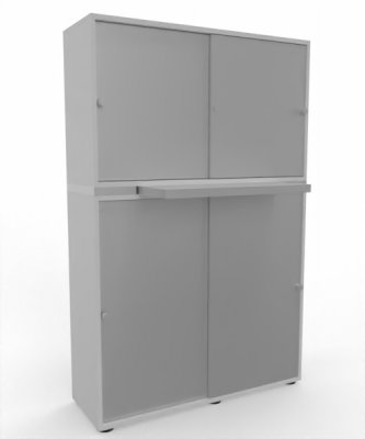 Büroschrank 2teilig mit Auszugsplatte und Schiebetüren Weiß Silber