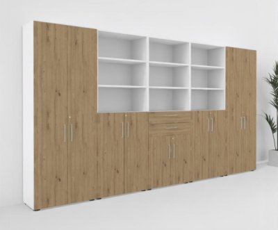Büroschrankwand VH99 400 cm breit Weiß-Asteiche