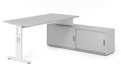 Schreibtisch OSB mit Sideboard Gestell Weiß Dekor Lichtgrau