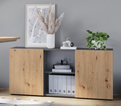 Sideboard mit Schiebetüren 2 Ordnerhöhen 160 cm breit Grafit-Asteiche
