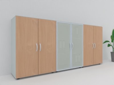 Büro Schrankwand MA1 3-teilig 240 cm breit 110,4 cm hoch Korpus Lichtgrau Türen Buche