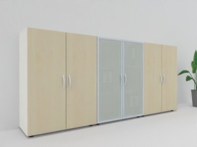 Büro Schrankwand MA1 3-teilig 240 cm breit 110,4 cm hoch Korpus Weiß Türen Ahorn