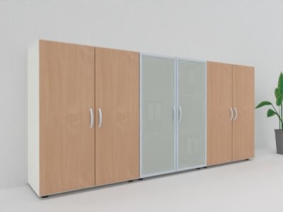 Büro Schrankwand MA1 3-teilig 240 cm breit 110,4 cm hoch Korpus Weiß Türen Buche