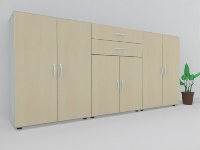 Büroschrankwand 240 cm breit 110,4 cm hoch MA5 Korpus Lichtgrau Türen Ahorn