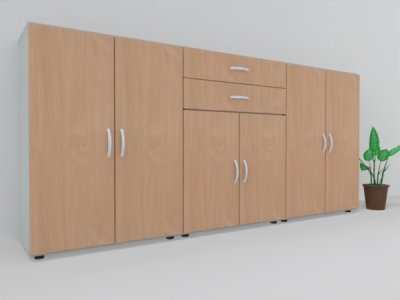 Büroschrankwand 240 cm breit 110,4 cm hoch MA5 Korpus Lichtgrau Türen Buche