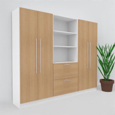 Büro Schrankwand Multi 10 240 cm breit zwei Büroschranke und ein Regal mit Hängeregisterauschzug Dekor Weiß-Eiche