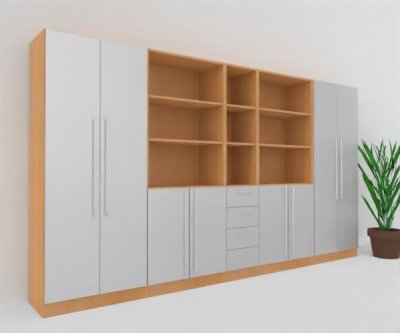 Büroschrankwand Multi 11 Gesamtbreite 360 cm 5 Ordnerhöhen Korpus Buche Türen Silber