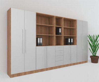 Büroschrankwand Multi 11 Gesamtbreite 360 cm 5 Ordnerhöhen Korpus Nussbaum Türen Silber