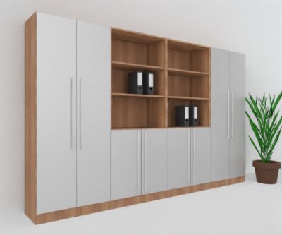 Büroschrankwand MS12 Breite 320 cm Höhe 200,4 cm Dekor Nussbaum-Silber