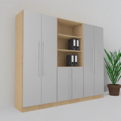 Büro Schrankwand MS5 240 cm breit 200,4 cm hoch Dekor Ahorn-Silber