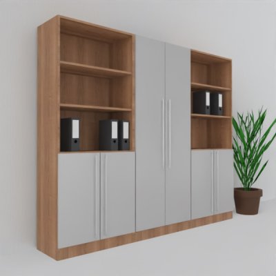 Büro Schrankwand MS6 Breite 240 cm Höhe 200,6 cm Dekor Nussbaum-Silber