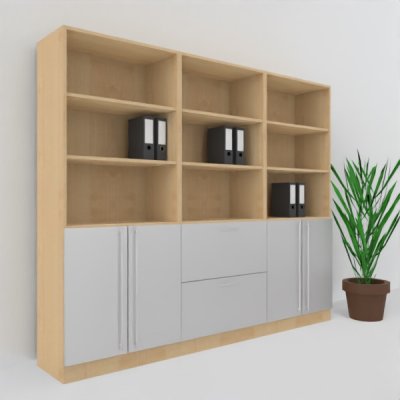 Büro Schrankwand MS8 Breite 240 cm Höhe 200,4 cm 2 Schränke und ein Regal mit Hängeregister Dekor Ahorn-Silber
