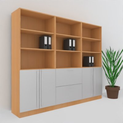 Büro Schrankwand MS8 Breite 240 cm Höhe 200,4 cm 2 Schränke und ein Regal mit Hängeregister Dekor Buche-Silber