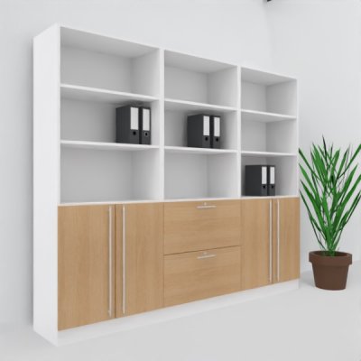 Büro Schrankwand MS8 Breite 240 cm Höhe 200,4 cm 2 Schränke und ein Regal mit Hängeregister Dekor Weiß-Eiche