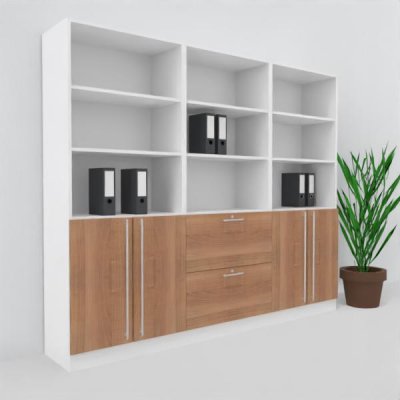 Büro Schrankwand MS8 Breite 240 cm Höhe 200,4 cm 2 Schränke und ein Regal mit Hängeregister Dekor Weiß-Nussbaum