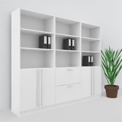 Büro Schrankwand MS8 Breite 240 cm Höhe 200,4 cm 2 Schränke und ein Regal mit Hängeregister Dekor Weiß