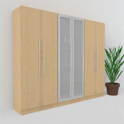 Büro Schrankwand MS9 Breite 240 cm Höhe 200,4 cm zwei Schränke mit Holztüren ein Schrank mit Glastüren Dekor Ahorn