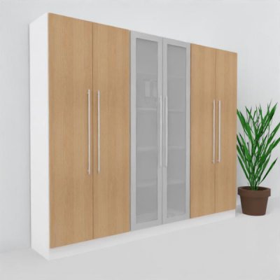 Büro Schrankwand MS9 Breite 240 cm Höhe 200,4 cm zwei Schränke mit Holztüren ein Schrank mit Glastüren Dekor Weiß-Eiche