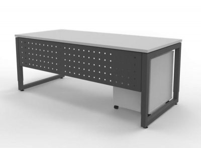 Büromöbel-Set RH1G Schreibtisch mit Sichtblende und Rollcontainer Gestell Grafit Dekor Weiss