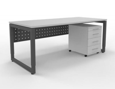 Büromöbel-Set RH1G Schreibtisch mit Sichtblende und Rollcontainer Gestell Grafit Dekor Weiss