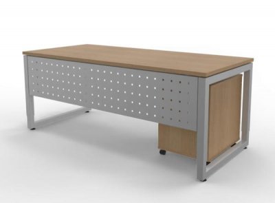 Büromöbel-Set RH1G Schreibtisch mit Sichtblende und Rollcontainer Gestell Silber Dekor Eiche