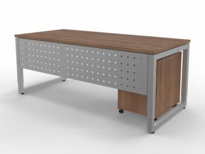 Büromöbel-Set RH1G Schreibtisch mit Sichtblende und Rollcontainer Gestell Silber Dekor Nussbaum