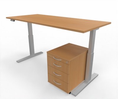 Büromöbel Set RMK1 Schreibtisch elektrisch mit Rollcontainer Gestell Silber Tischplatte und Rollcontainer Buche