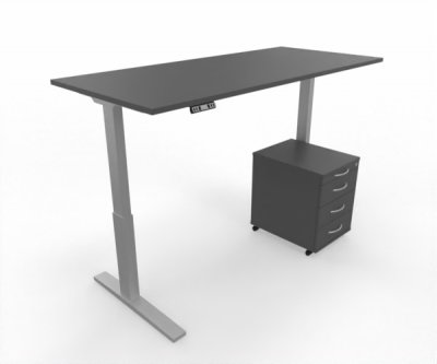 Büromöbel Set RMK1 Schreibtisch elektrisch mit Rollcontainer Gestell Silber Tischplatte und Rollcontainer Grafit