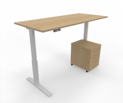 Büromöbel Set RMK1 Schreibtisch elektrisch mit Rollcontainer Gestell Weiß Tischplatte und Rollcontainer Ahorn