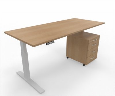 Büromöbel Set RMK1 Schreibtisch elektrisch mit Rollcontainer Gestell Weiß Tischplatte und Rollcontainer Eiche
