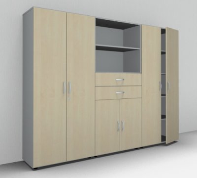 Büroschrankwand 240 cm breit 868 Mega Lichtgrau-Ahorn