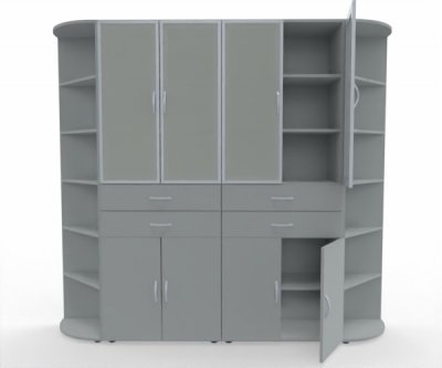 Büro Schrankwand M20 Mega 240 cm breit, 216 cm hoch, 2 Schränke mit Schubladen und Türen und 2 Eckabschlussregale Lichtgrau