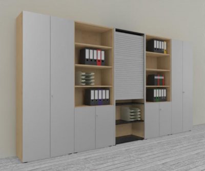 Büro Schrankwand Master K7 2 Schränke, 2 Kombischränke und 1 Rollladenschrank Höhe 215,6 cm Dekor Ahorn Silber