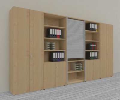 Büro Schrankwand Master K7 2 Schränke, 2 Kombischränke und 1 Rollladenschrank Höhe 215,6 cm Dekor Ahorn