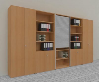 Büro Schrankwand Master K7 2 Schränke, 2 Kombischränke und 1 Rollladenschrank Höhe 215,6 cm Dekor Buche