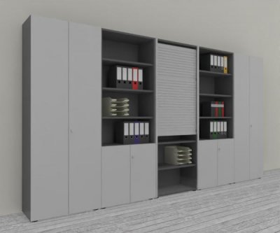 Büro Schrankwand Master K7 2 Schränke, 2 Kombischränke und 1 Rollladenschrank Höhe 215,6 cm Dekor Grafit Lichtgrau