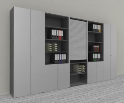 Büro Schrankwand Master K7 2 Schränke, 2 Kombischränke und 1 Rollladenschrank Höhe 215,6 cm Dekor Grafit Silber