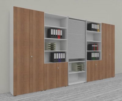 Büro Schrankwand Master K7 2 Schränke, 2 Kombischränke und 1 Rollladenschrank Höhe 215,6 cm Dekor Weiß Nussbaum