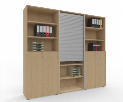 Büro Schrankwand Master M8 240 cm 215,6 cm hoch 2 Kombischränke und 1 Rollladenschrank Dekor Ahorn Silber