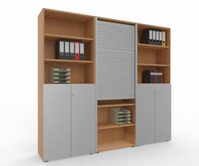 Büro Schrankwand Master M8 240 cm 215,6 cm hoch 2 Kombischränke und 1 Rollladenschrank Dekor Buche Silber