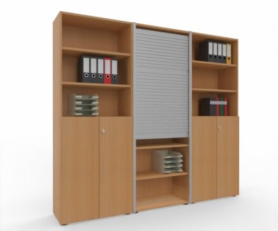 Büro Schrankwand Master M8 240 cm 215,6 cm hoch 2 Kombischränke und 1 Rollladenschrank Dekor Buche