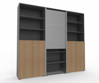 Büro Schrankwand Master M8 240 cm 215,6 cm hoch 2 Kombischränke und 1 Rollladenschrank Dekor Grafit Eiche