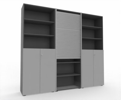 Büro Schrankwand Master M8 240 cm 215,6 cm hoch 2 Kombischränke und 1 Rollladenschrank Dekor Grafit Lichtgrau
