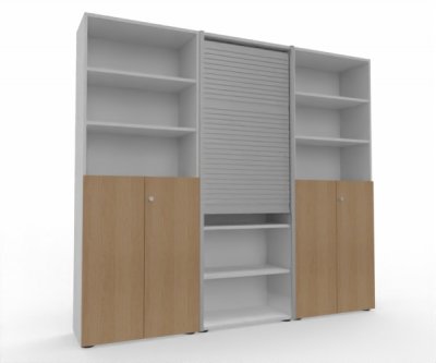 Büro Schrankwand Master M8 240 cm 215,6 cm hoch 2 Kombischränke und 1 Rollladenschrank Dekor Weiß Eiche