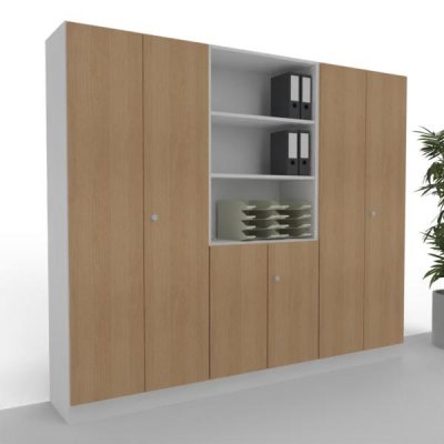 Büroschrankwand 240 cm breit Klassik 13 Weiß-Eiche