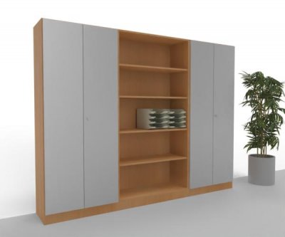 Büro Schrankwand 260 cm breit Klassik 15 Buche-Silber