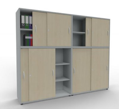 Büroschrankwand ST2 Schiebetürenschränke Gesamthöhe 195 cm Breite 240 cm Lichtgrau-Ahorn